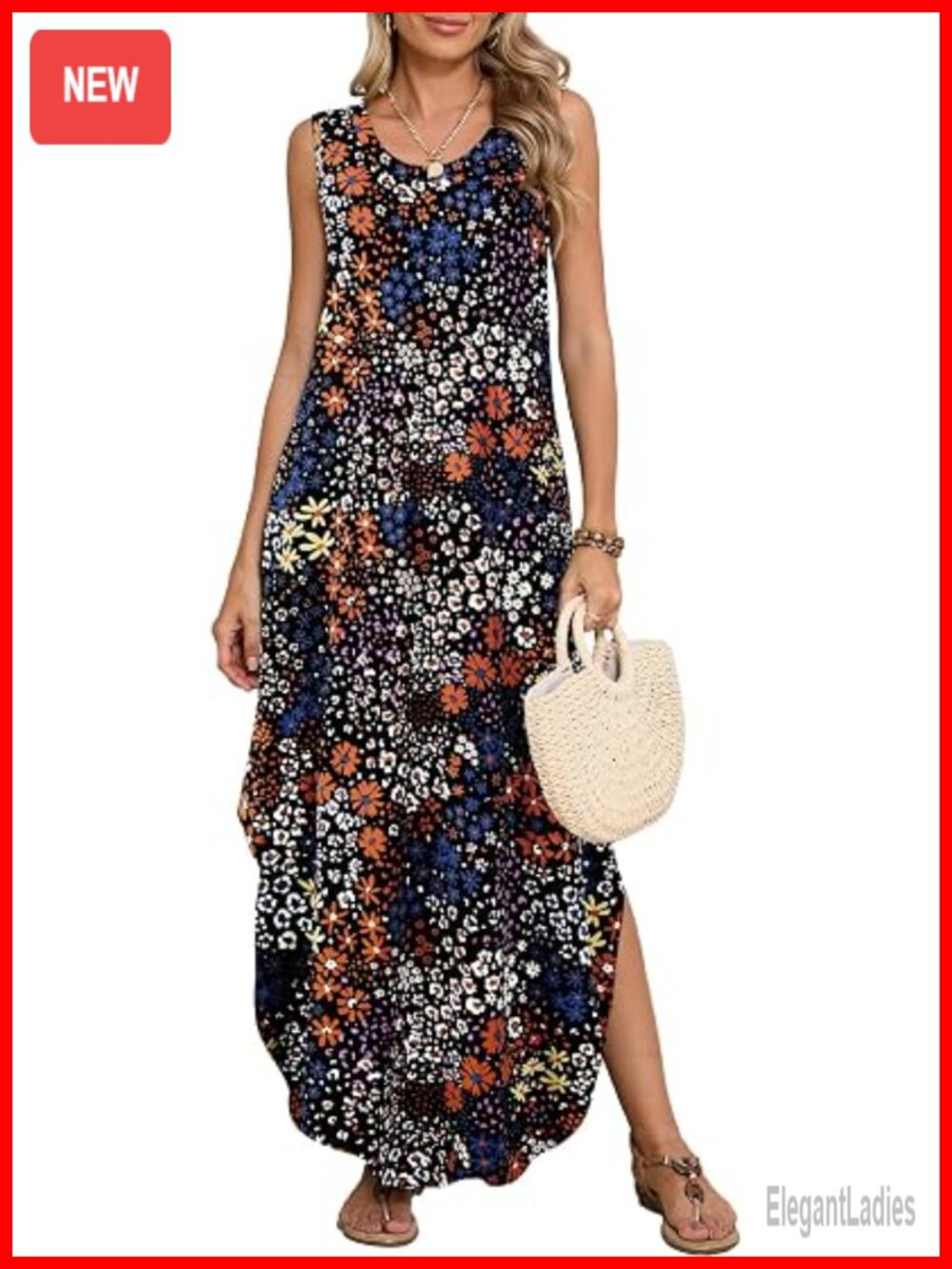 Plus Size Maxi Dress Scoop Neck Sleeveless Side Split Pockets Beach Coverup
